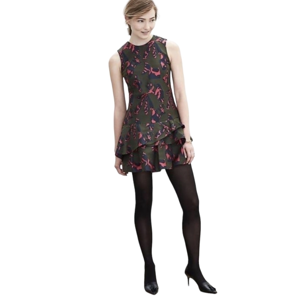 Banana Republic Pieced jigsaw Jacquard Drop-Waist ruffle mini Dress black pink